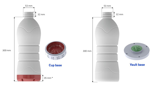 BOTTLES LIMITATIONS – *Base with ribs on the side needs cup base which has limited height at 35mm
